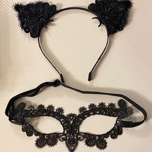 Kitsch Black Lace Cat Ear Headband and Mask Set